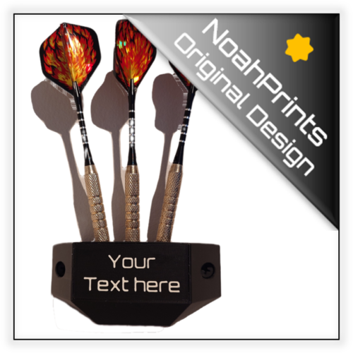 Custom 3D printed dart holder designed by NoahPrints, featuring a compact display stand holding steel-tip darts.