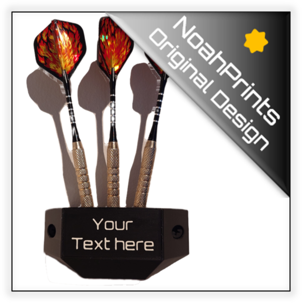 Custom 3D printed dart holder designed by NoahPrints, featuring a compact display stand holding steel-tip darts.
