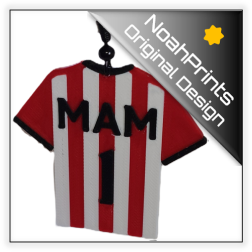 3D printed football shirt earrings in Sunderland red and white vertical stripes featuring "Mam 1"
