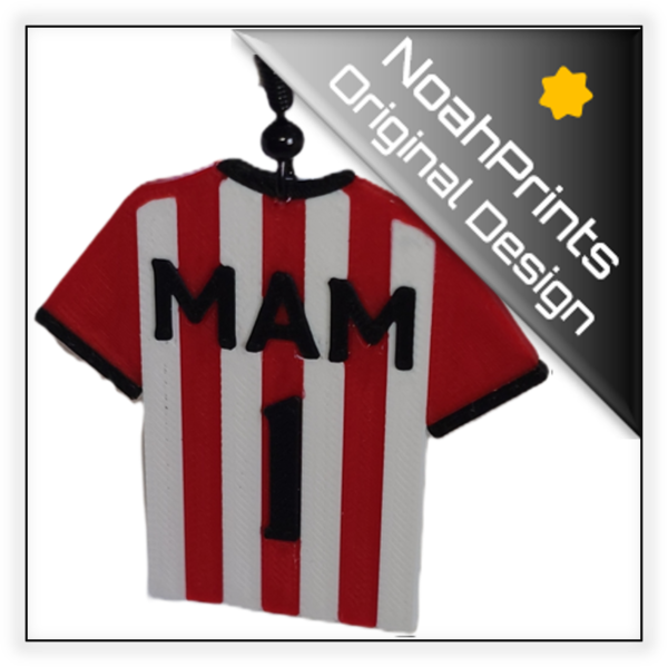 3D printed football shirt earrings in Sunderland red and white vertical stripes featuring "Mam 1"