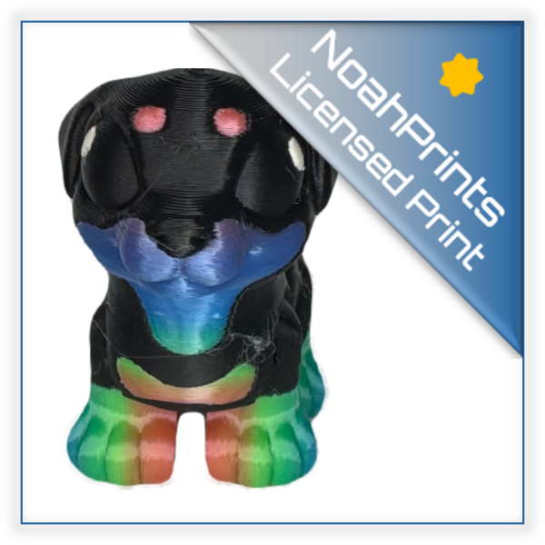 Rottweiler front image A 3D-printed figure of a Rottweiler standing upright, showing its characteristic black and tan markings, stocky build, and distinct facial details.