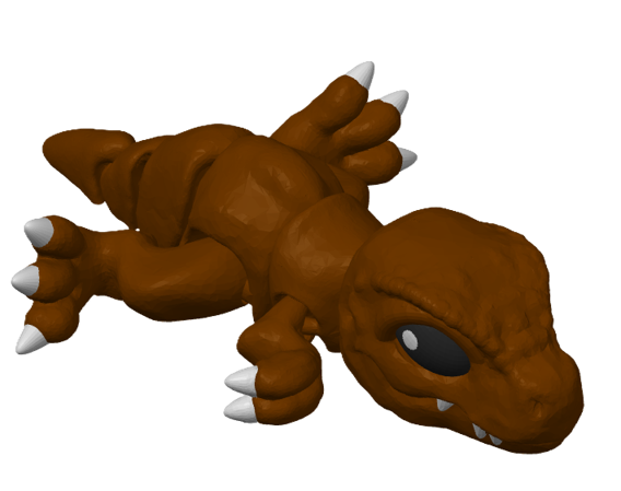 Slicer preview of the articulated T-Rex highlighting the separately selectable colour areas, including the body, eyes and accent details.