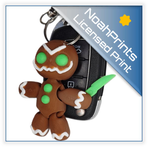 front image 3D printed traditional gingerbread man keyring with a scary face and knife