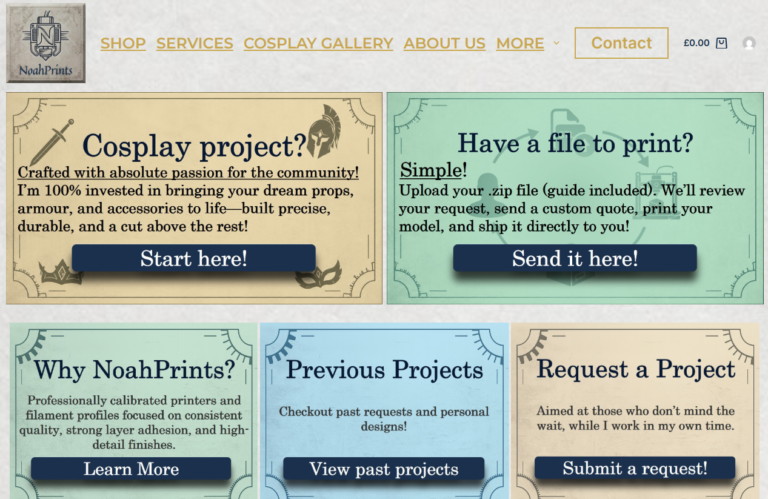 Screenshot of the NoahPrints homepage showing the tile-based layout for cosplay projects, file uploads, and custom printing services.