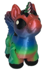 A 3D-printed articulated alicorn hatchling figure with flexible, segmented joints, small feathered wings, and a tiny spiraled horn, resting upright on a flat surface.