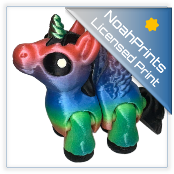 A 3D-printed articulated alicorn hatchling figure with flexible, segmented joints, small feathered wings, and a tiny spiraled horn, resting upright on a flat surface.