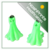 Pair of 3D printed glow-in-the-dark Halloween cat dangle earrings featuring a black cat silhouette inside a glowing green crescent moon, displayed on a card.