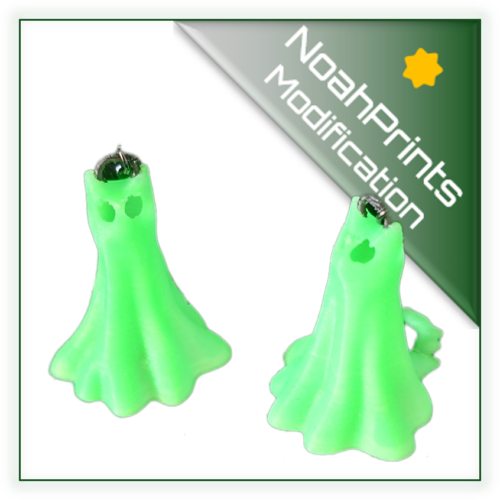 Pair of 3D printed glow-in-the-dark Halloween cat dangle earrings featuring a black cat silhouette inside a glowing green crescent moon, displayed on a card.