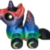A 3D-printed articulated alicorn hatchling figure with flexible, segmented joints, small feathered wings, and a tiny spiraled horn, resting upright on a flat surface.