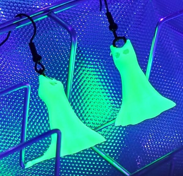 Glow-in-the-dark Halloween cat earrings in bright luminescent green with black drop hooks.